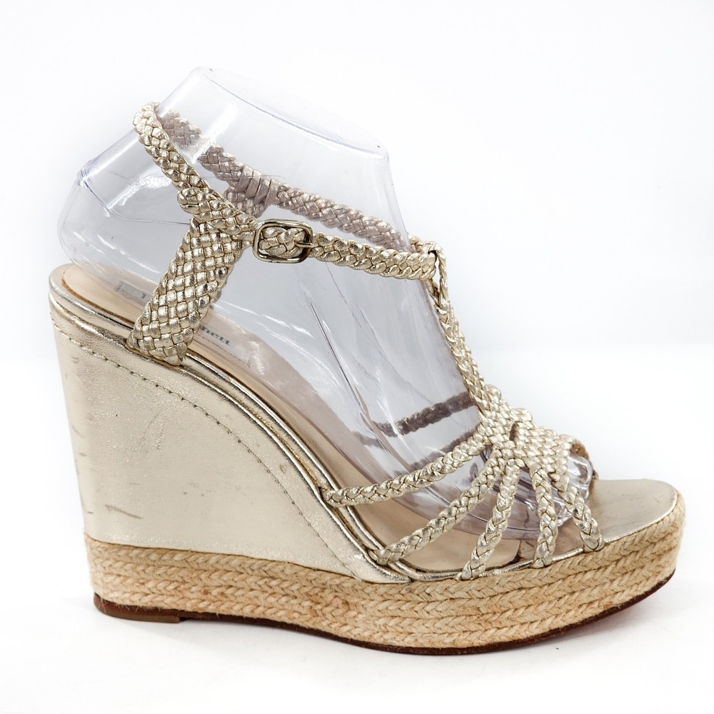 LK BENNETT Gold Leather Braided Woven Espadrille Platform Wedge Heel Size 40